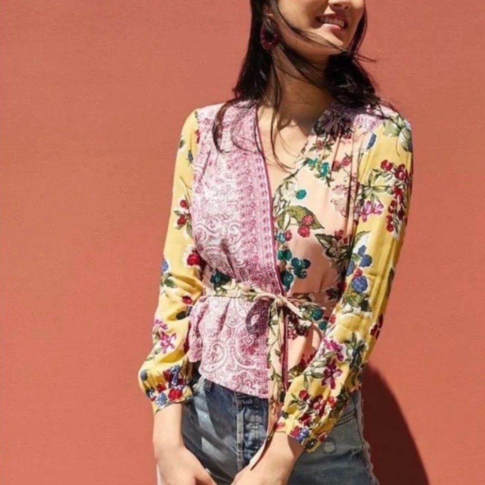 Anthro Blouse Top Floral Patchwork Wrap XS